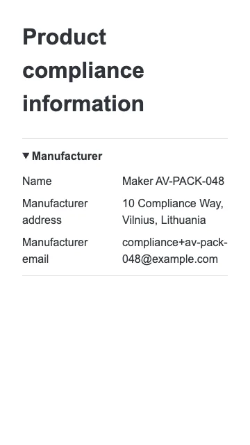 GPSR information rendered in a Shopify storefront